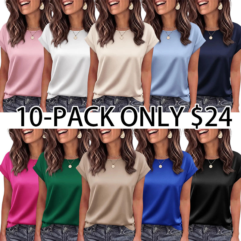 Women 2026 Dressy Satin Blouses Loose Crew Neck Short Sleeve Shirts