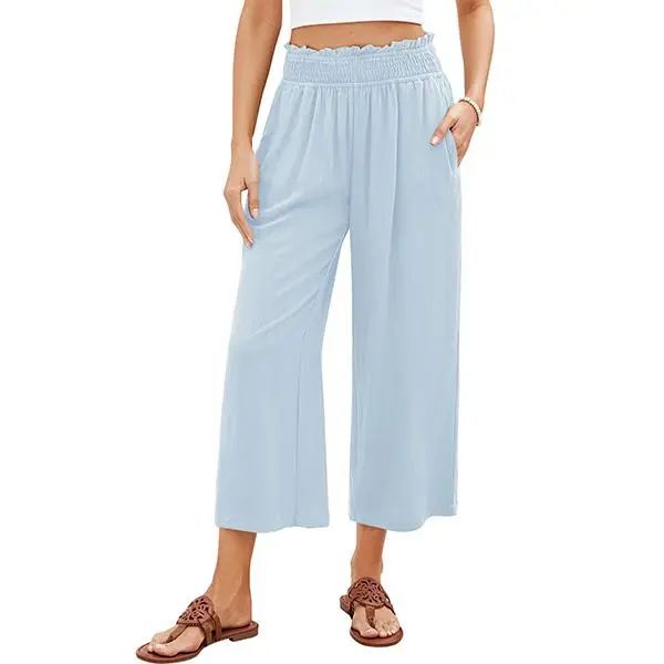 Linen Capri Pants for Women High Waisted Wide Leg Linen Palazzo Trousers Pull On Elastic Smock Waist Loose Flowy Pants
