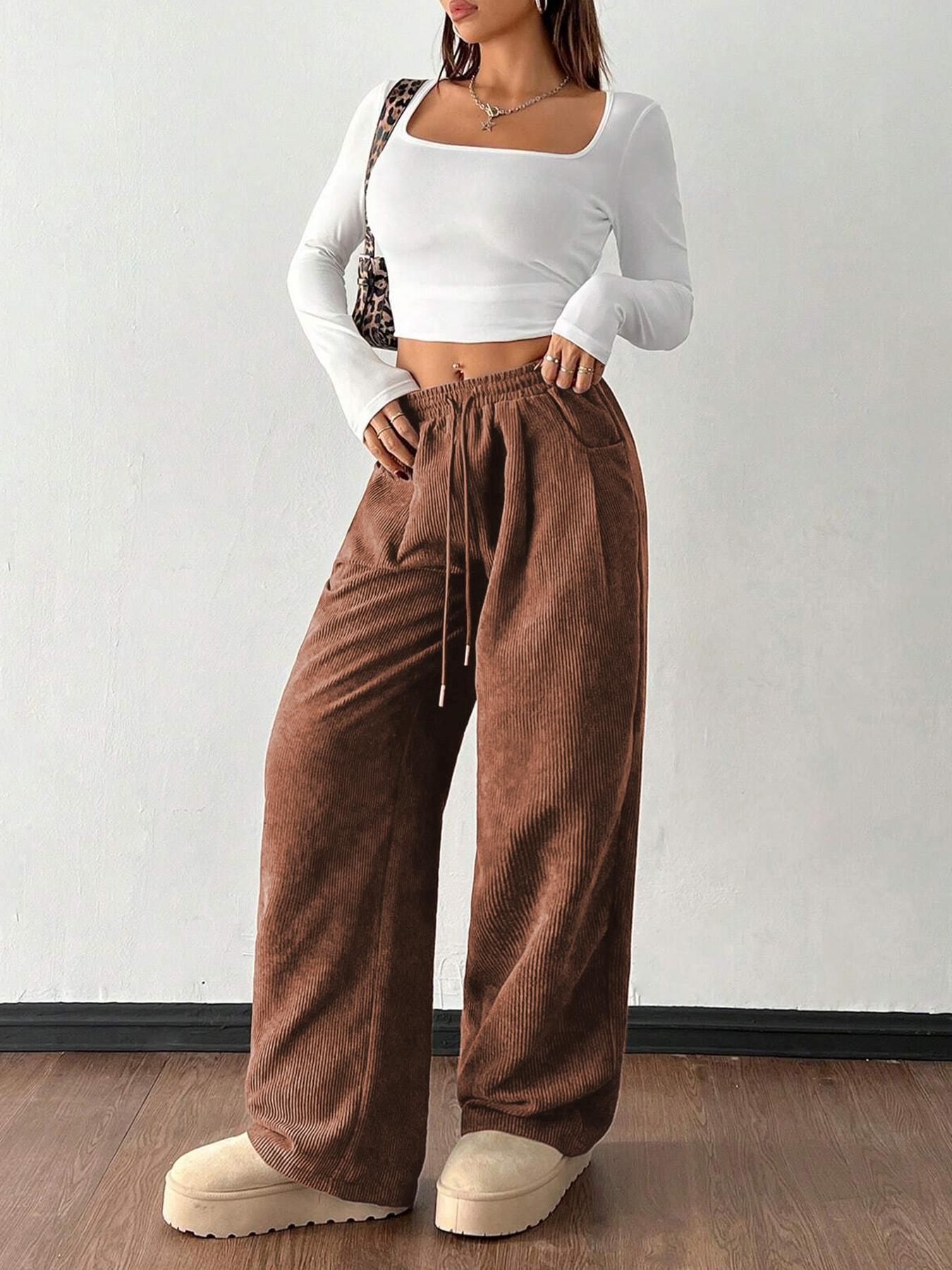 Women's Vintage Appeal Basic Loose-Fitting Baggy Solid Corduroy Drawstring Adjustable Bottom Pants, Womenswear Casual All-Season Straight Leg Trousers for Autumn & Winter Valentine's Day