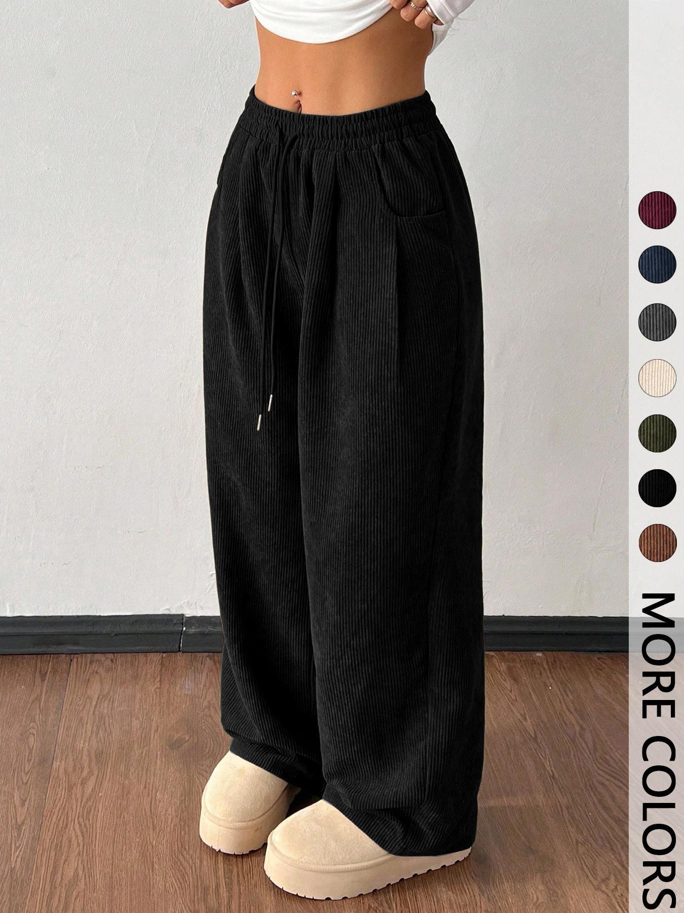 Women's Vintage Appeal Basic Loose-Fitting Baggy Solid Corduroy Drawstring Adjustable Bottom Pants, Womenswear Casual All-Season Straight Leg Trousers for Autumn & Winter Valentine's Day