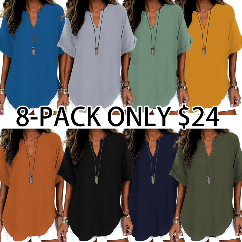 Elegant Minimalist Polyester V Neck Loose Fit Short Sleeve Blouse Shirt for Women