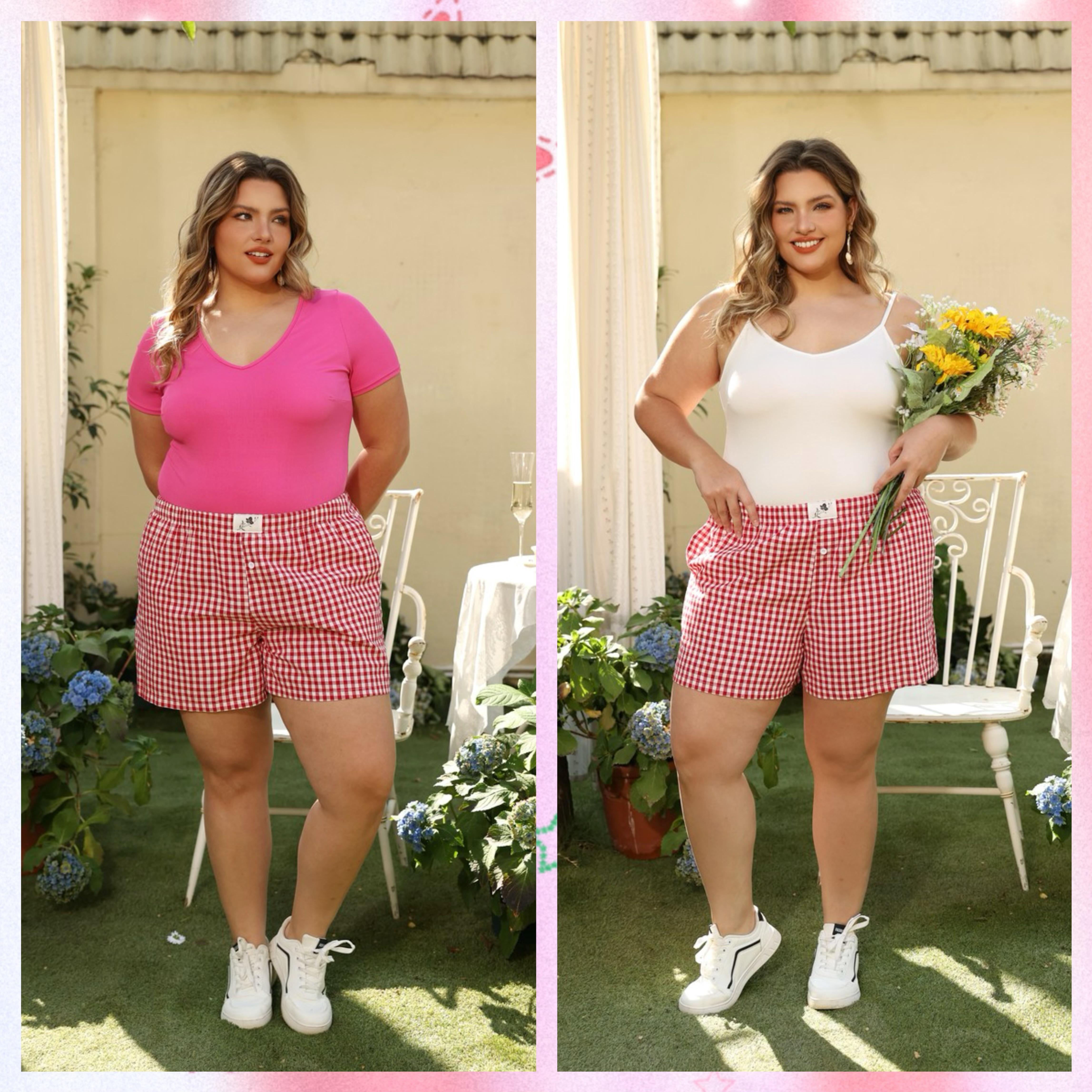 COOTRY【Plus Size】Women's Plaid Print Patched Elastic Waist Shorts, Gingham Boxer Shorts, Checkerboard Print Shorts,Casual Comfy Straight Leg Shorts for Summer,Ladies Bottoms for Daily Wear| Plus Size Fashion|Hide Belly Shorts|Flattering Fit