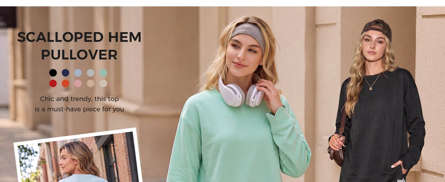 Fisoew Women's Light Vintage Heather Crew Neck Oversized Tunic Sweatshirt - Long Sleeve, Wavy Scallop Hem & Cuff, Loose Essential Everyday Fall Layering Pullover Top, Feminine