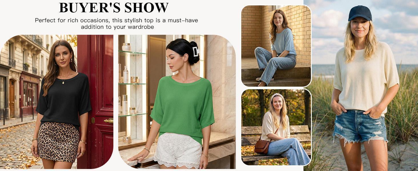 Imily Bela Womens Short Sleeve Sweater Summer Batwing Trendy Casual Boat Neck Lightweight Loose Fitting Knit Tops