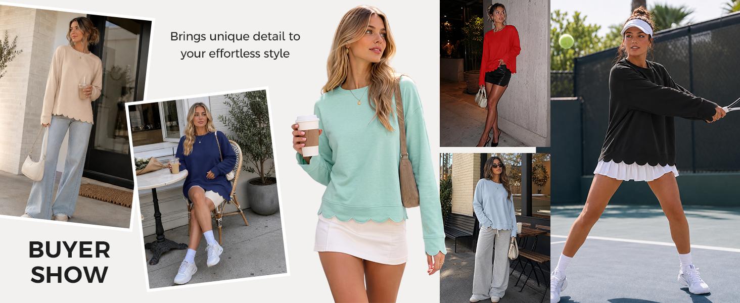 Fisoew Women's Light Vintage Heather Crew Neck Oversized Tunic Sweatshirt - Long Sleeve, Wavy Scallop Hem & Cuff, Loose Essential Everyday Fall Layering Pullover Top, Feminine