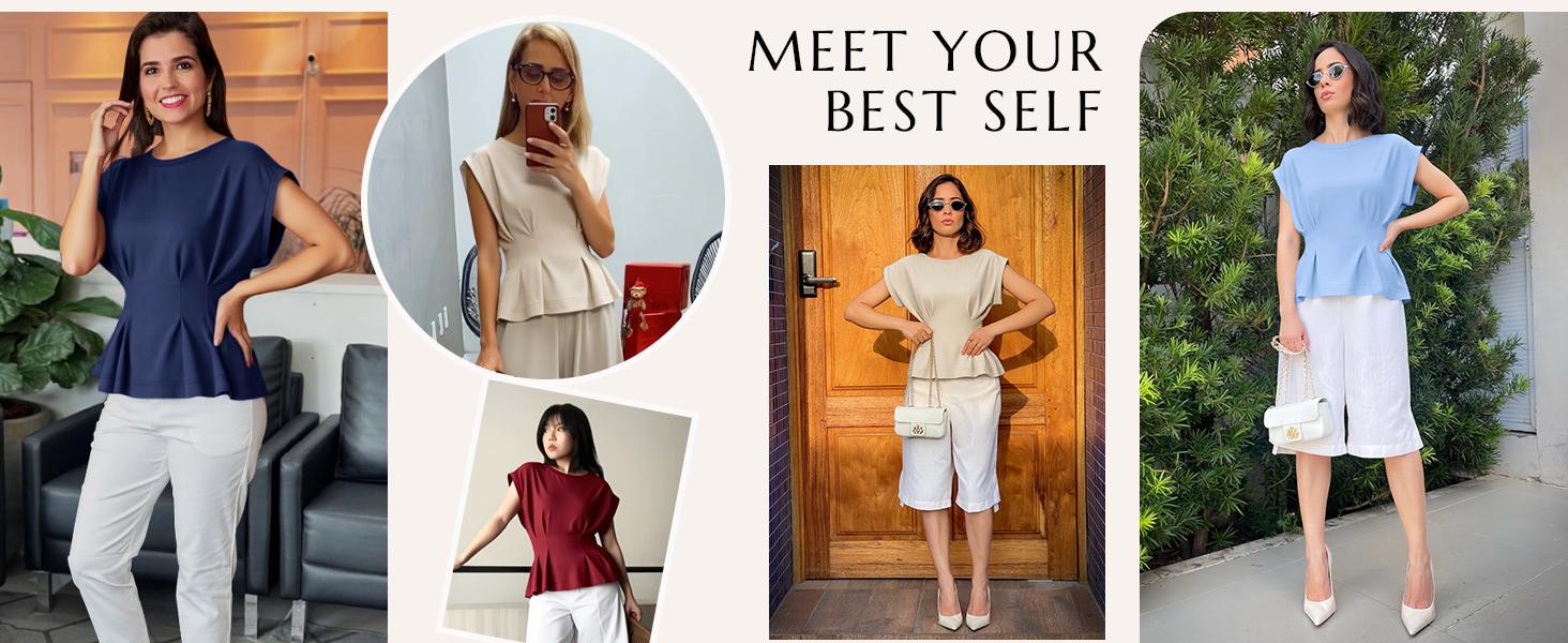 Cicy Bell Womens Peplum Tops Summer Babydoll Cap Sleeve T-Shirts Dressy Casual Crew Neck Pleated Blouses