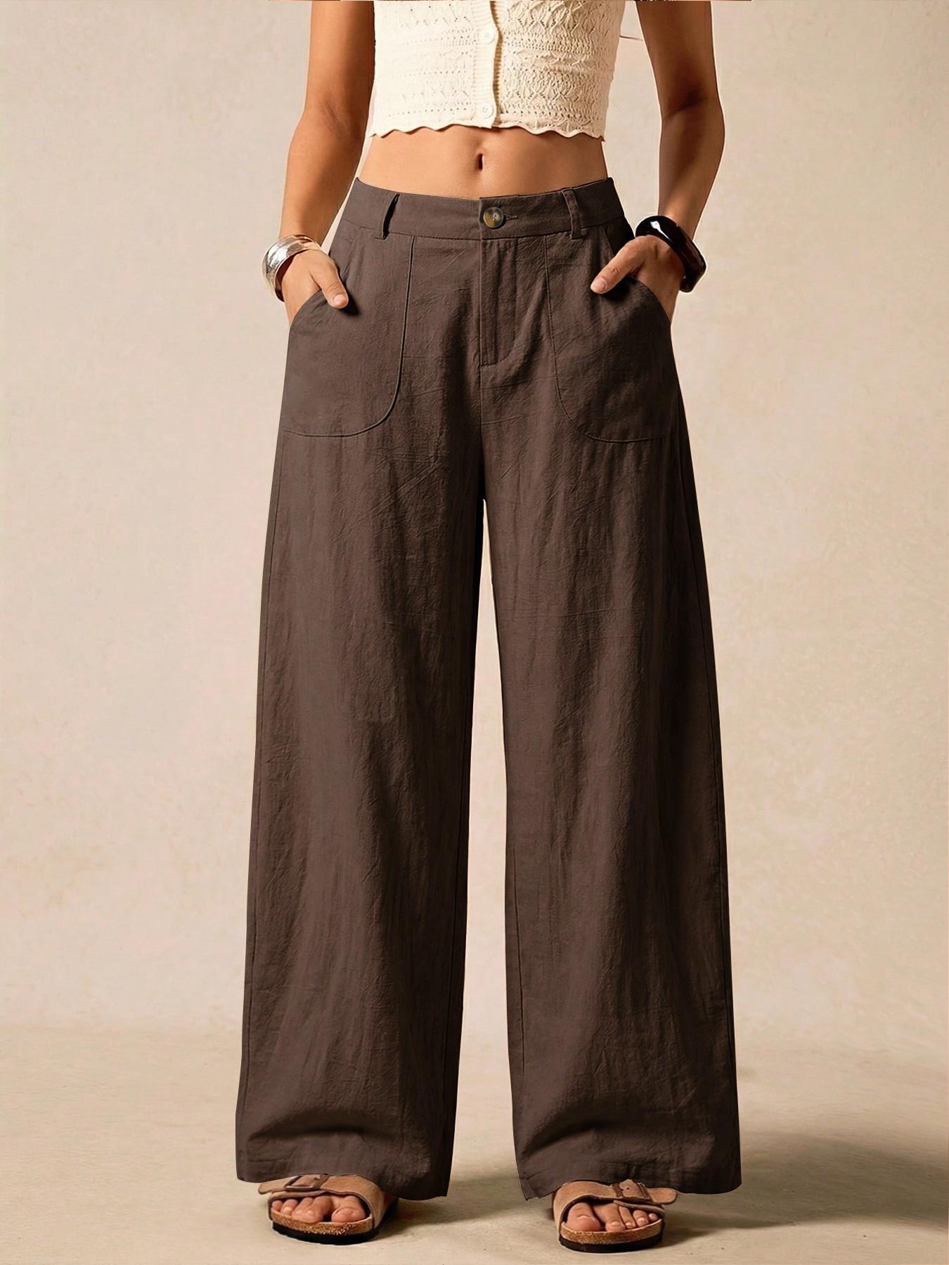 Women's Summer Linen Breathable Lightweight Palazzo Pants Flowy Wide Straight Leg Beach Trousers