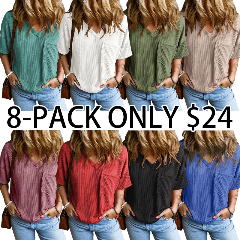 Women's Oversized Summer T Shirts Tops V Neck Short Sleeve Ribbed Knitted Casual Loose Fit Blouses