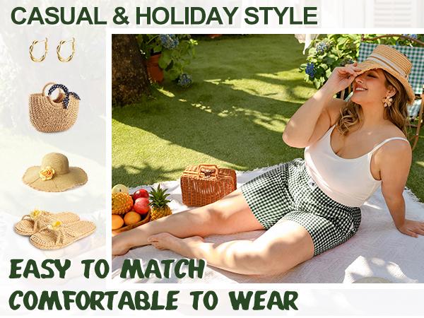 COOTRY【Plus Size】Women's Plaid Print Patched Elastic Waist Shorts, Gingham Boxer Shorts, Checkerboard Print Shorts,Casual Comfy Straight Leg Shorts for Summer,Ladies Bottoms for Daily Wear| Plus Size Fashion|Hide Belly Shorts|Flattering Fit