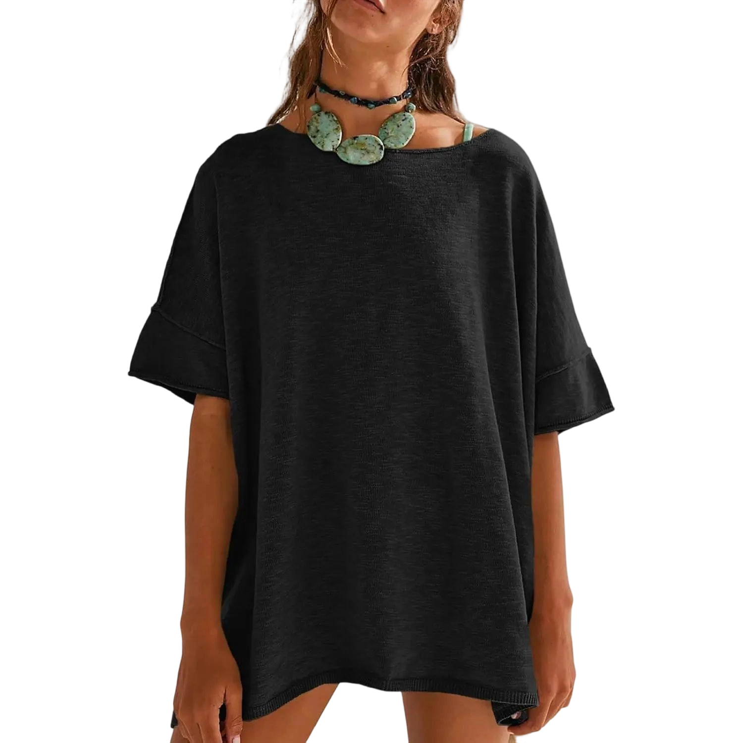 Women's Oversized T Shirts Casual Summer Crew Neck Loose Dropped Short Sleeve Side Slit Hem Blouse Tunic Tops Sweater Tee