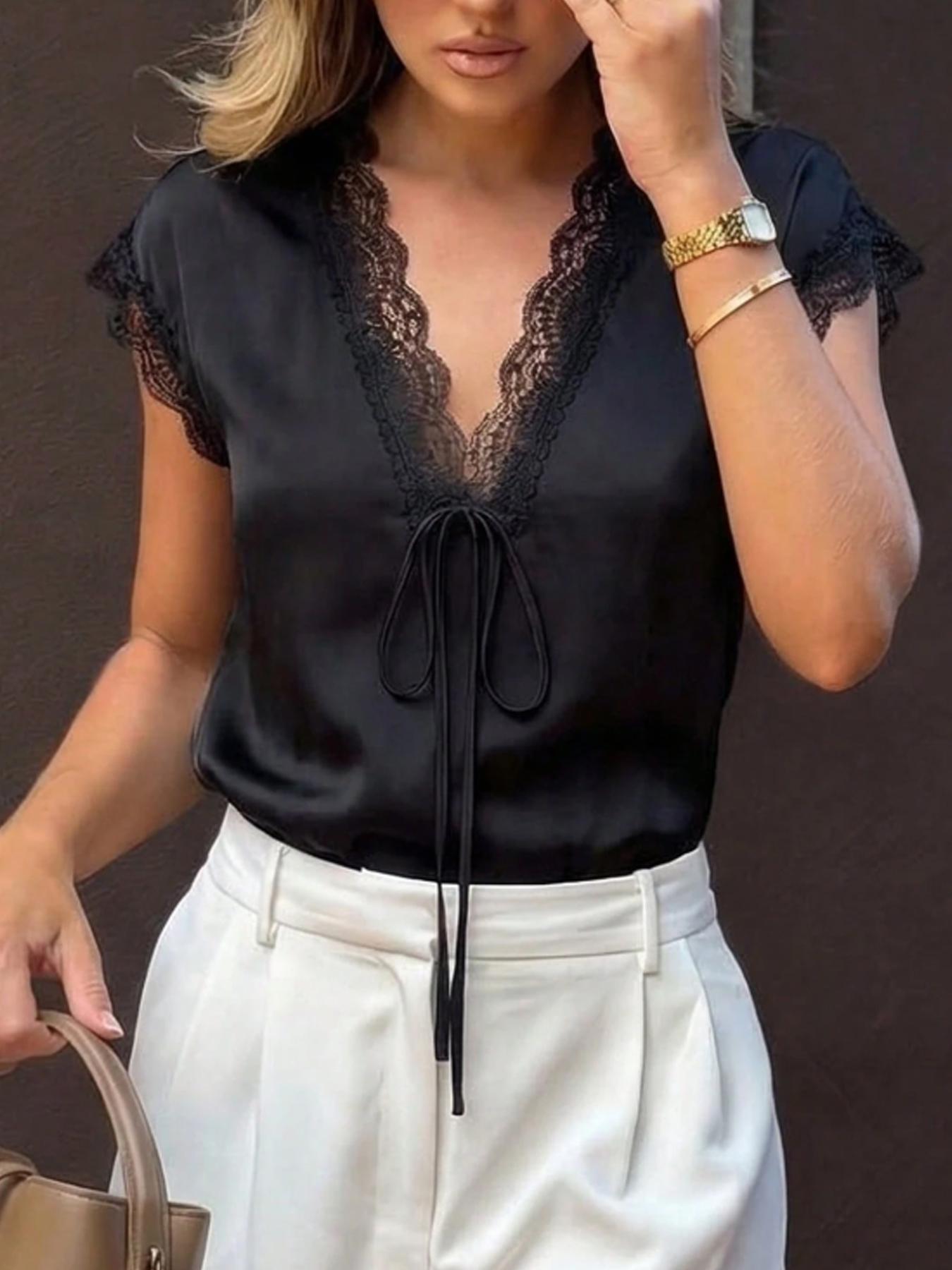 Spring & Summer Satin Lace Trim Short Sleeve Shirt, V Neck Tie Design, Loose Fit Casual Basic Top for Daily Commute, Women's Fashion Blouse