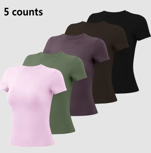 5-Piece Solid Sports Tee Set Round Neck Slim Stretchy