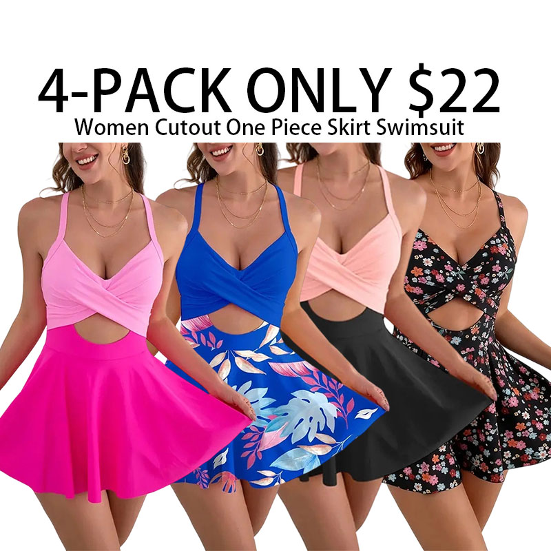 Women Cutout One Piece Skirt Swimsuit V Neck Wrap Tie Back Swimdress Tummy