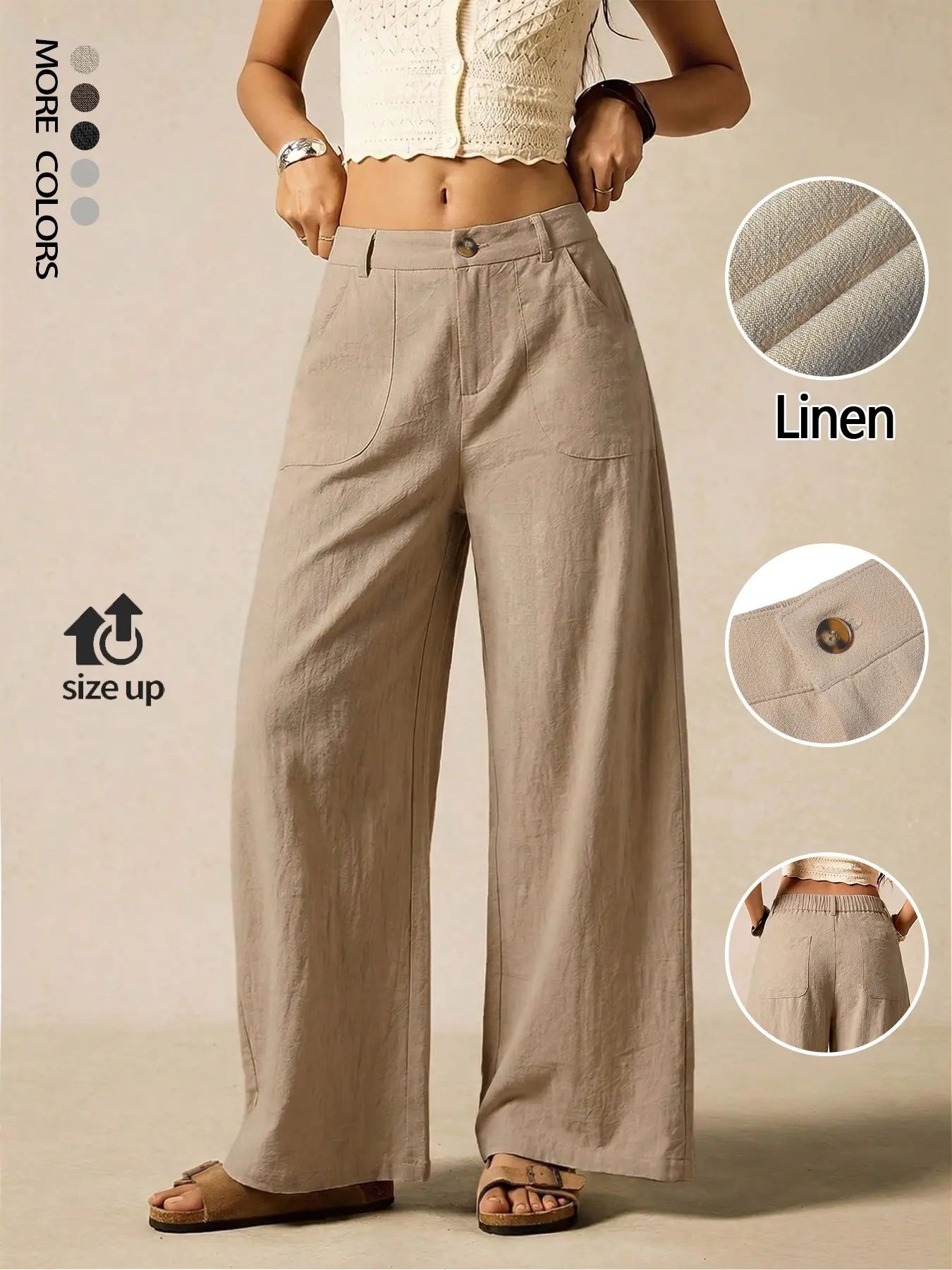 Women's Summer Linen Breathable Lightweight Palazzo Pants Flowy Wide Straight Leg Beach Trousers