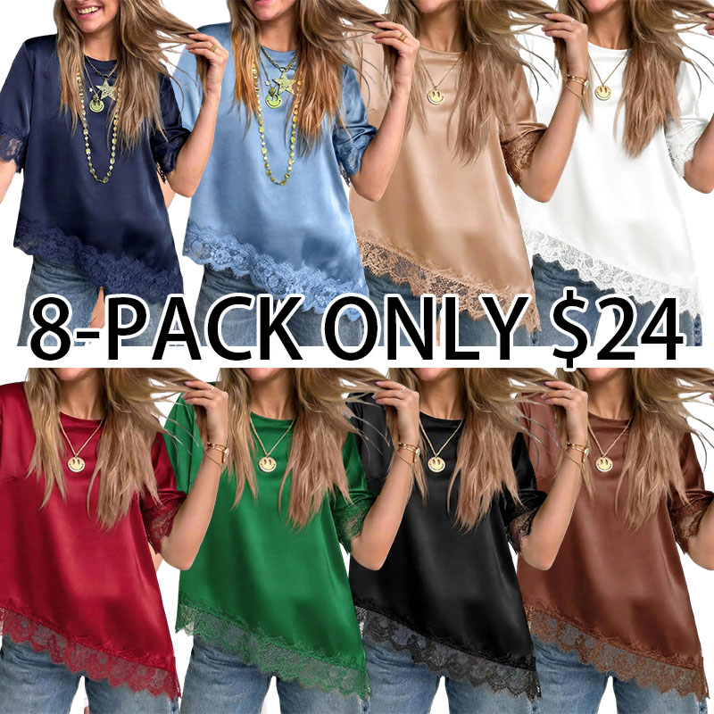 Womens Satin Silk Blouse Short Sleeve Loose Lace Top