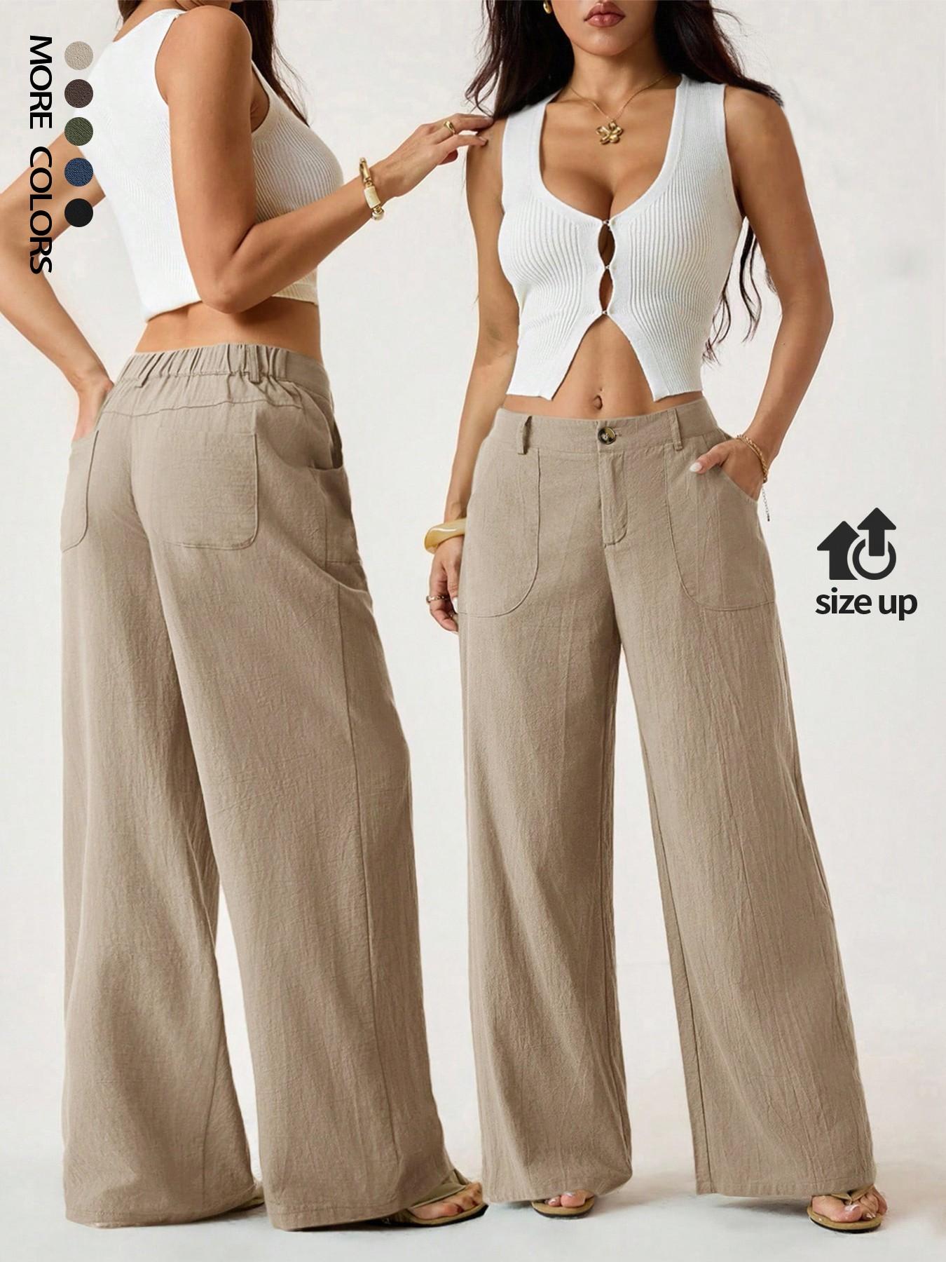 Women's Classical Chic Linen Palazzo Pants Summer Flowy Loose Wide Straight Leg Beach Trousers With Pocket Casual Solid Color Soft Elastic High Waist Lounge Pants Travel Vacation Bottoms Date Brunch Home Work Streetwear Outfit