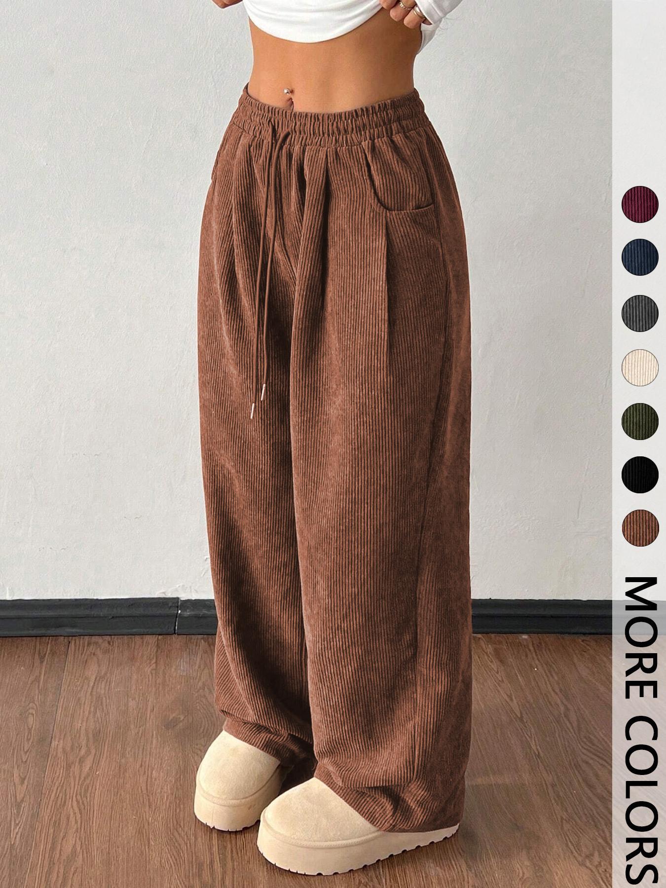Women's Vintage Appeal Basic Loose-Fitting Baggy Solid Corduroy Drawstring Adjustable Bottom Pants, Womenswear Casual All-Season Straight Leg Trousers for Autumn & Winter Valentine's Day