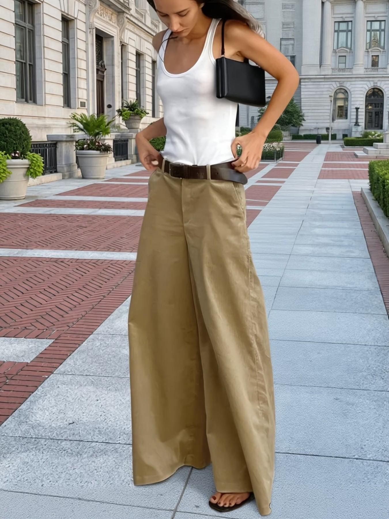 Women's Fashion Elegant Casual Office Pants, Solid Color Wide Leg, Comfortable Soft Material, 2 Pockets, No Belt, All Seasons