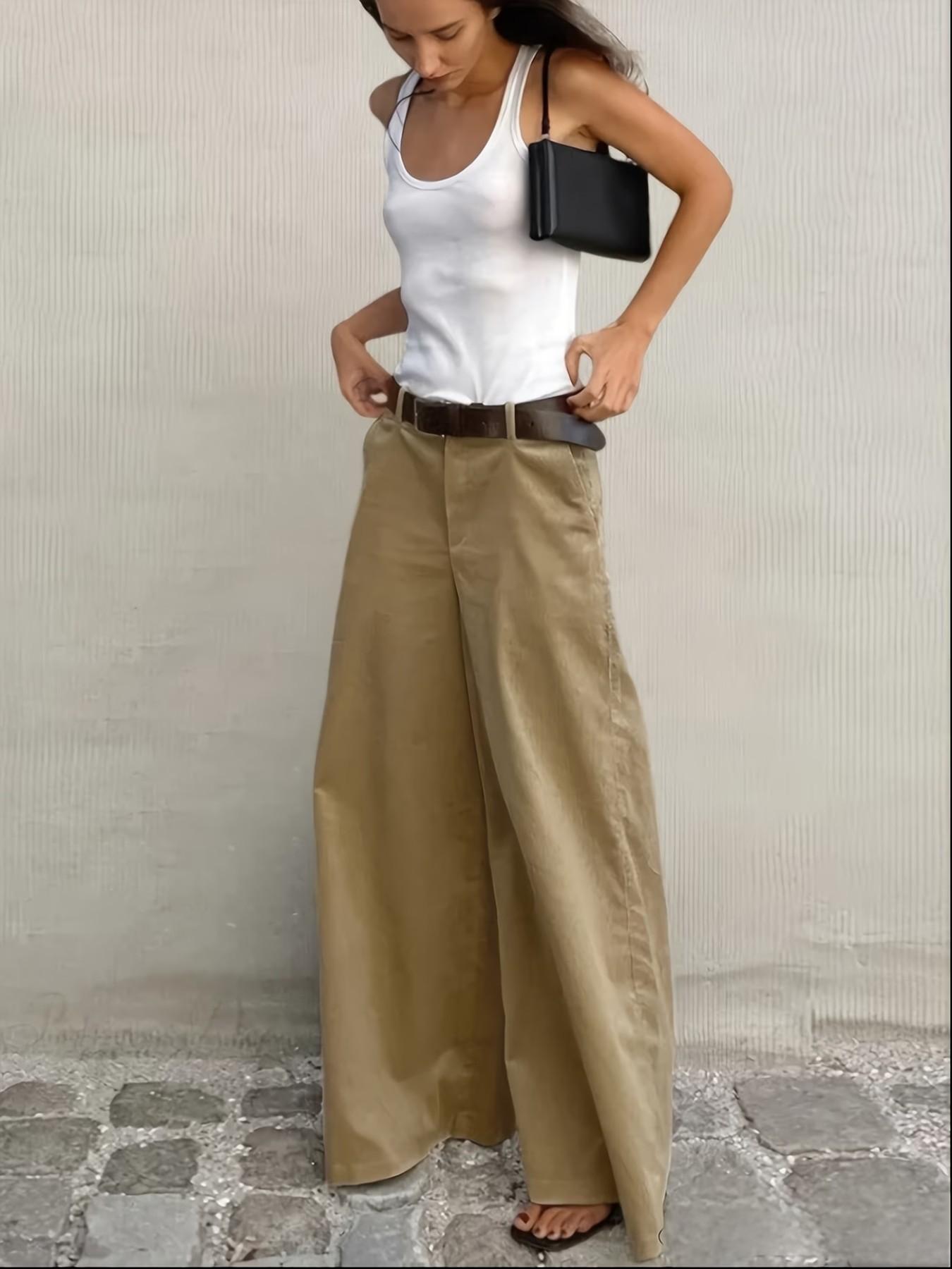 Women's Fashion Elegant Casual Office Pants, Solid Color Wide Leg, Comfortable Soft Material, 2 Pockets, No Belt, All Seasons