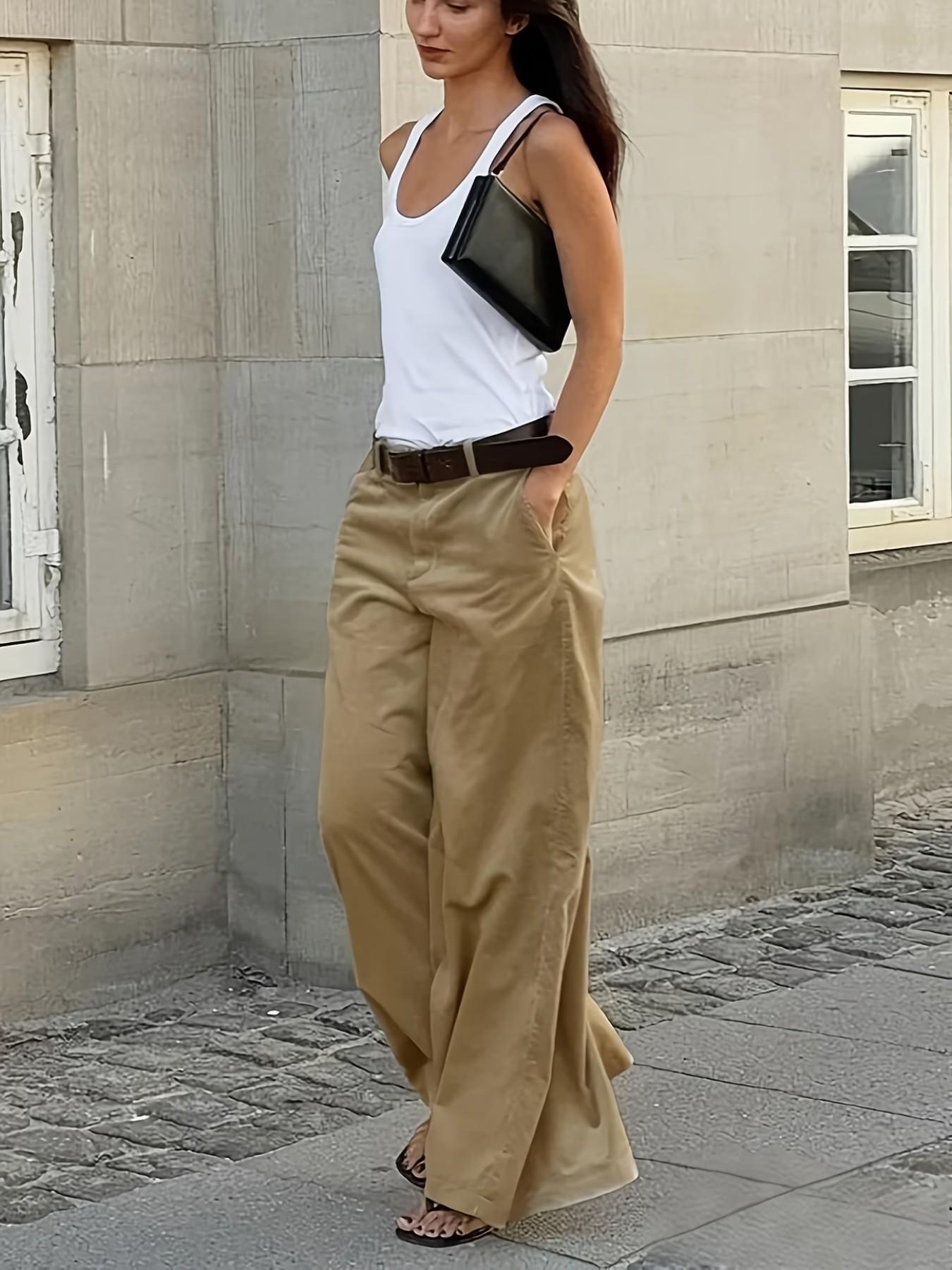 Women's Fashion Elegant Casual Office Pants, Solid Color Wide Leg, Comfortable Soft Material, 2 Pockets, No Belt, All Seasons