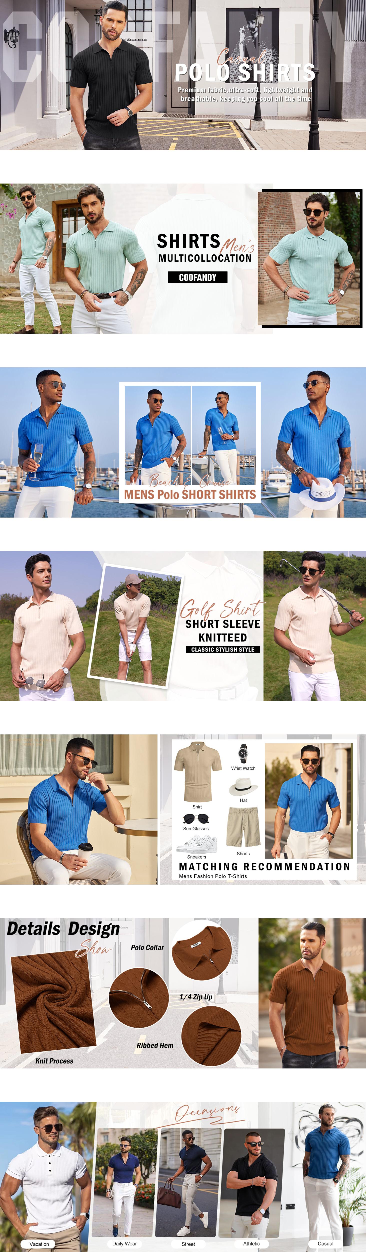 COOFANDY New York Fashion Week Men's Zipper Polo Shirts Short Sleeve Ribbed Knit Polo T Shirts Fashion Casual Golf Shirts Fabric Menswear Classic