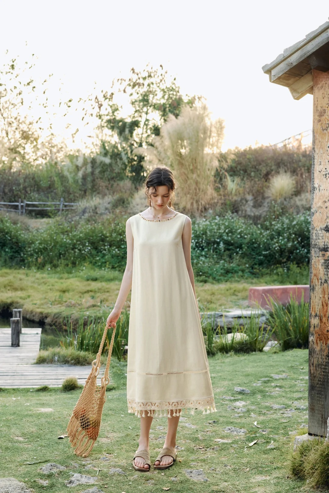 Ivory Linen Tassel Sleeveless Shift Dress