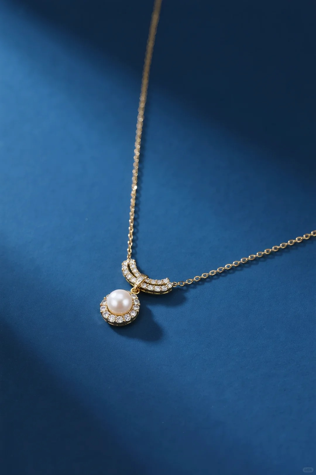 Curved CZ Halo Pearl Drop Gold Necklace