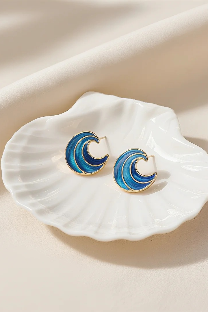 Blue Enamel Wave Stud Earrings