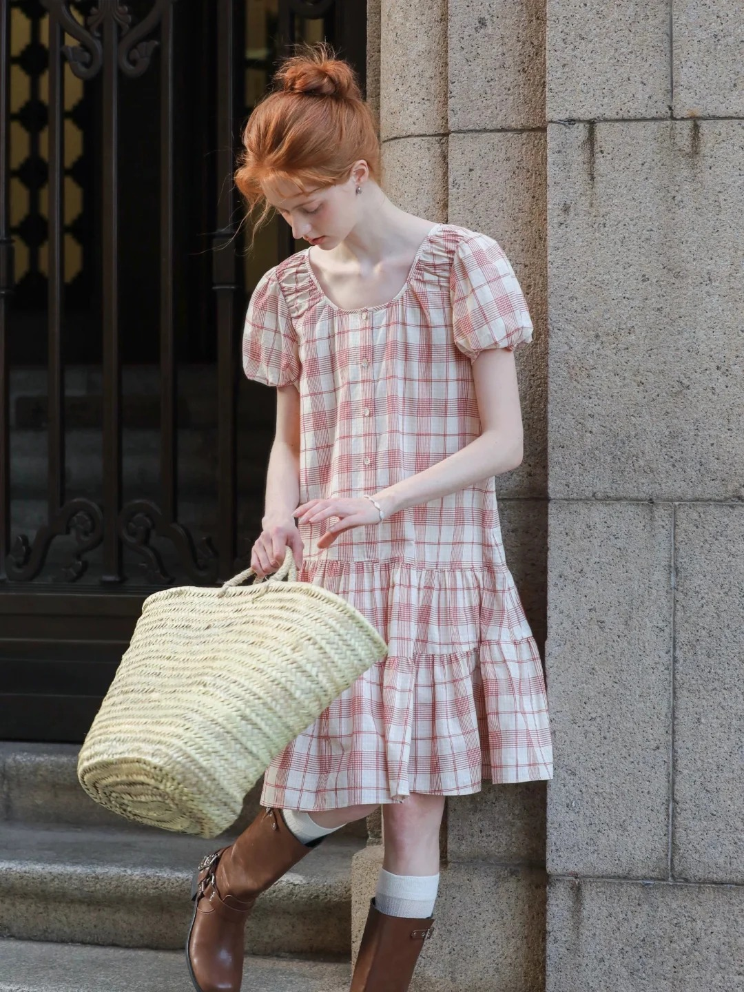 Red & White Gingham Puff Sleeve Tiered Mini Dress