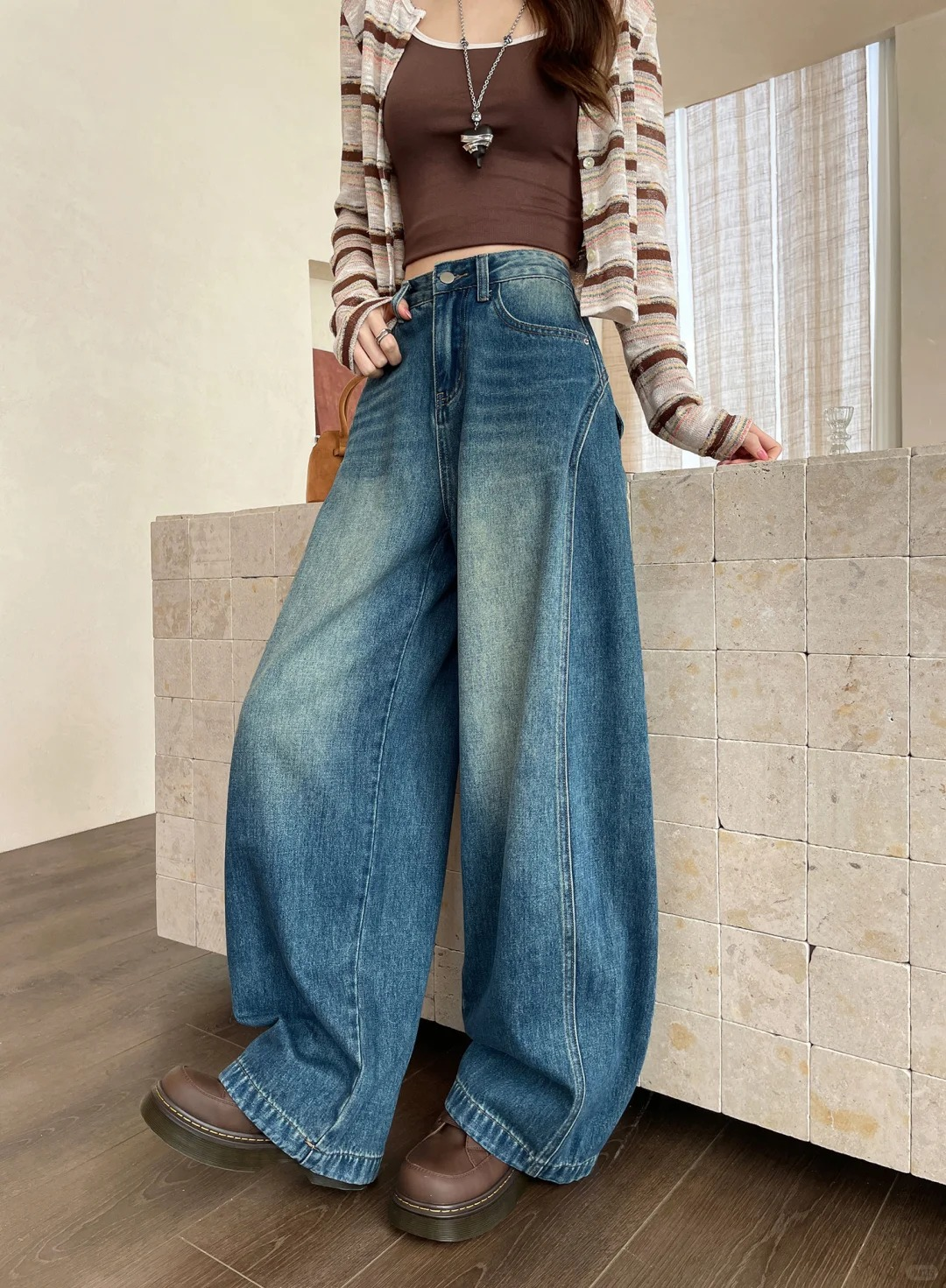 Dark Vintage Wash Oversized Barrel Wide Leg Jeans
