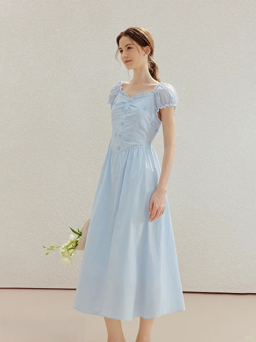 Sky Blue 3D Floral Puff Sleeve Midi Dress