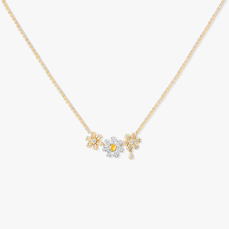 Halskette mit gelben Kristall-Gänseblümchen, Motiv mit drei Blüten