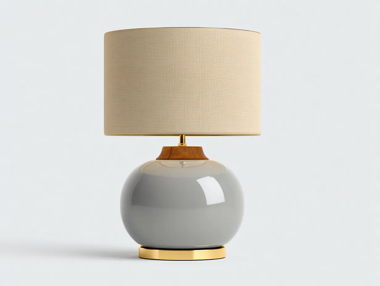 Tischlampe mit Stoffschirm und Glasfuß 34x34x52 cm - Beige und Grau und Gold - runder Sockel für Arbeitszimmer-Javovihaus