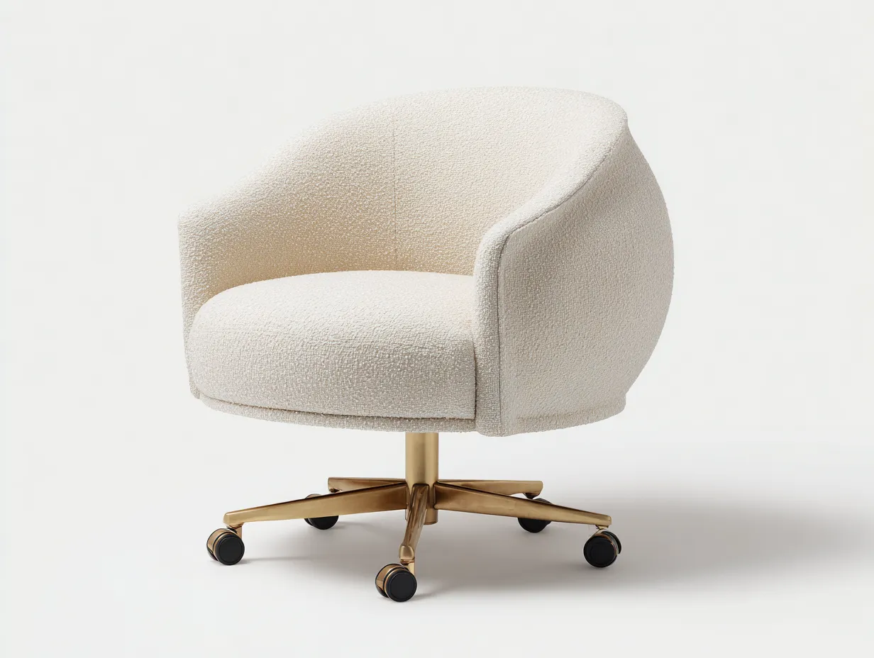Bürostuhl mit Bouclé-Bezug 71x69x90 cm - Creme Gold und Schwarz - rund gepolstert mit Rollgestell für das Büro-Vitaconest