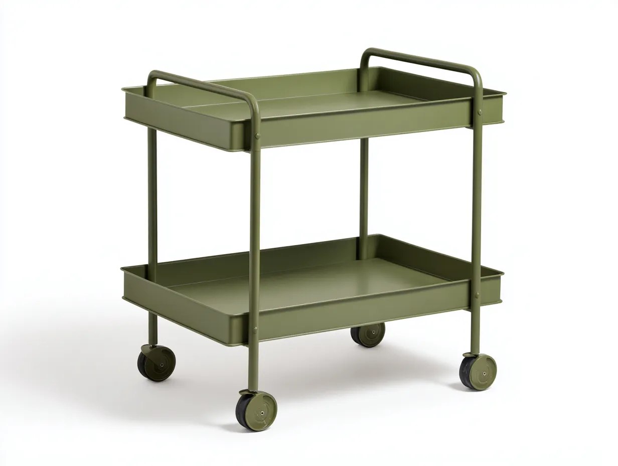 Servierwagen aus Metall 68x45x79 cm - Olivgrün - zwei Tablettablagen und vier Rollen für die Küche-Vitaconest