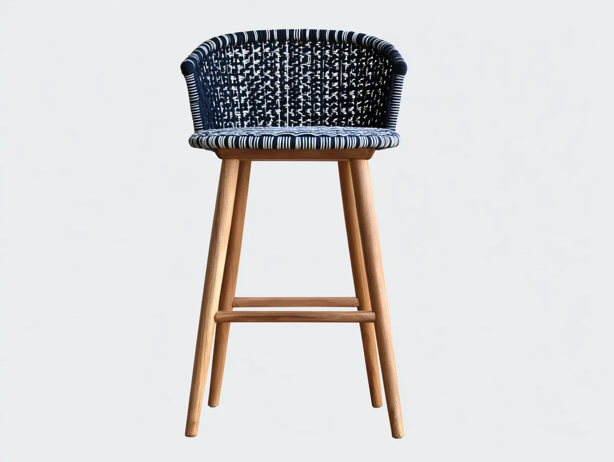 Barhocker mit Geflecht 53x56x103 cm - Natur und Dunkelblau und Weiß - Holzgestell mit umlaufender Lehne für das Esszimmer-Vitaconest