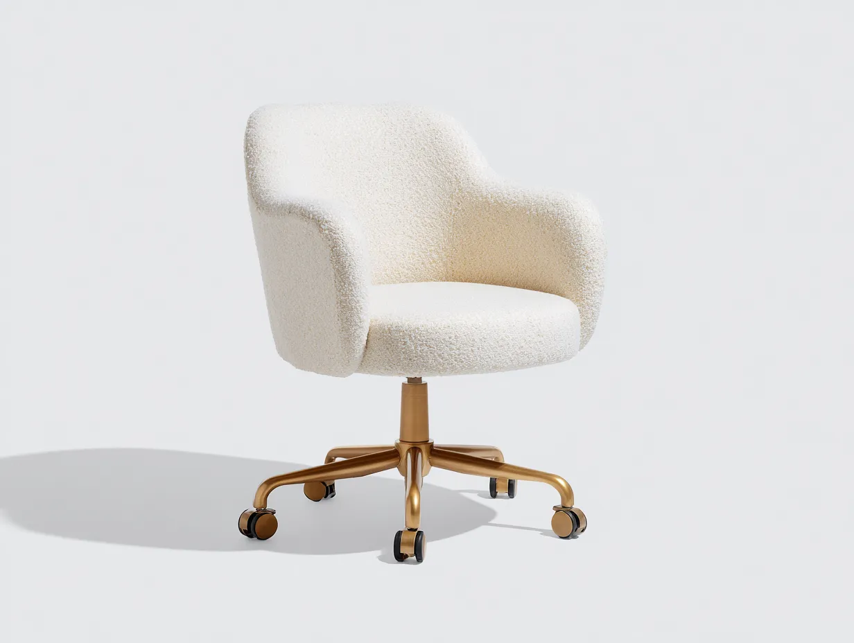 Bürostuhl mit Bouclé-Bezug 71x69x91 cm - Creme und Gold - geschwungene Armlehnen mit Rollgestell für das Büro-Vitaconest