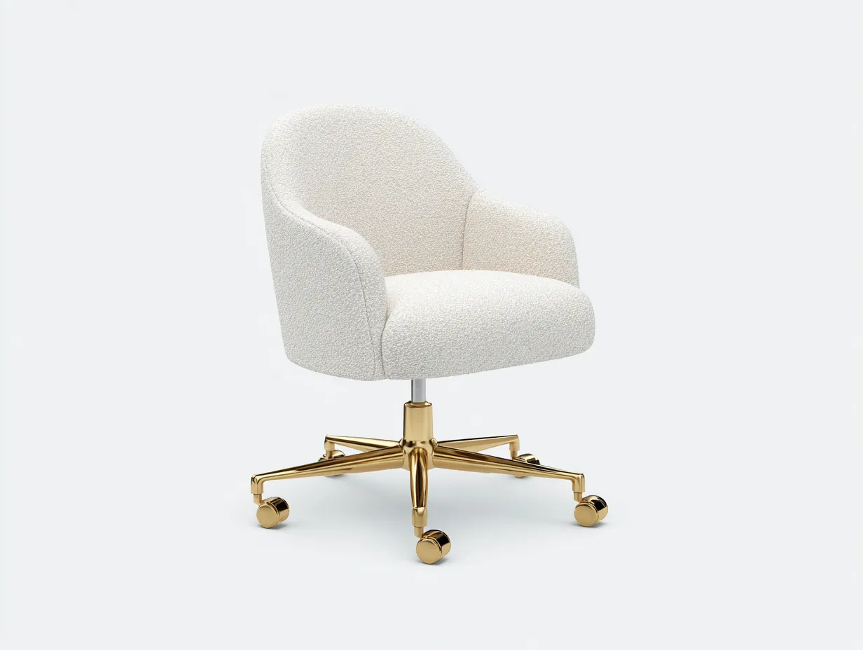 Bürostuhl mit Bouclé-Schale 70x68x92 cm - Creme und Gold - gepolsterte Armlehnen mit Rollen für das Büro-Vitaconest