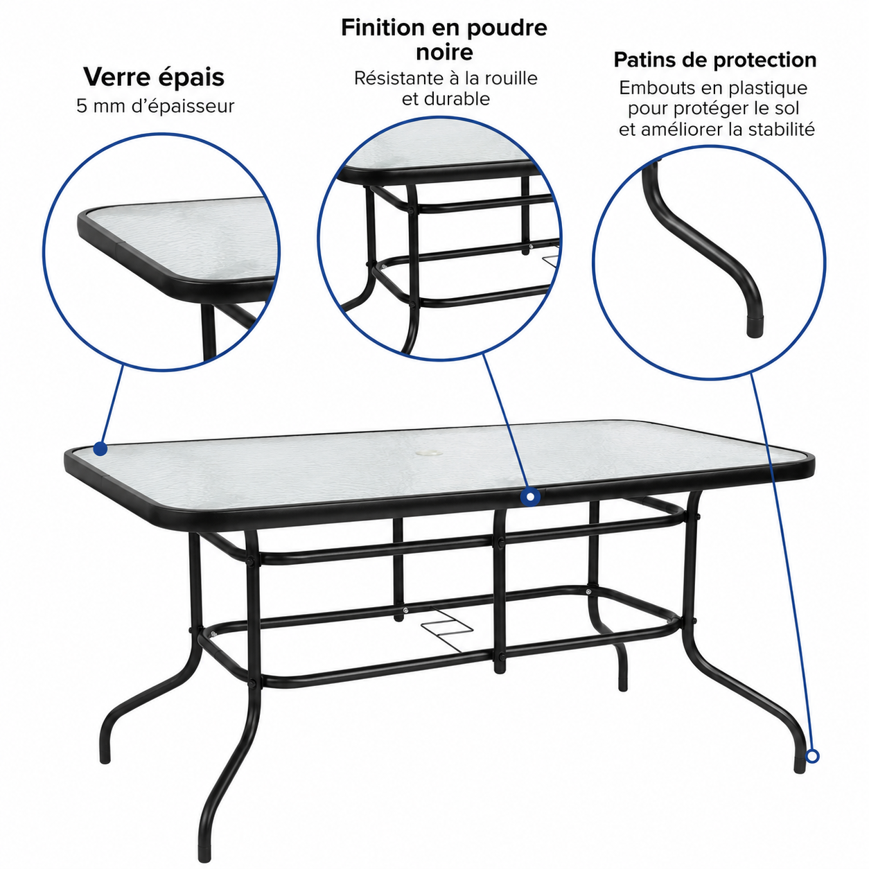 Milo – Ensemble Repas de Jardin 7 Pièces avec Table en Verre