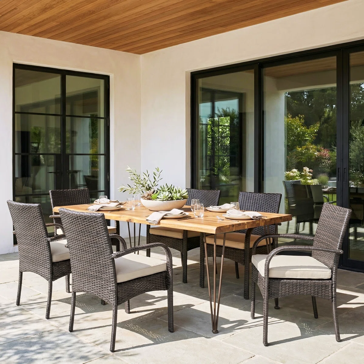 Weston - Ensemble repas de jardin 6 personnes en acacia et résine tressée