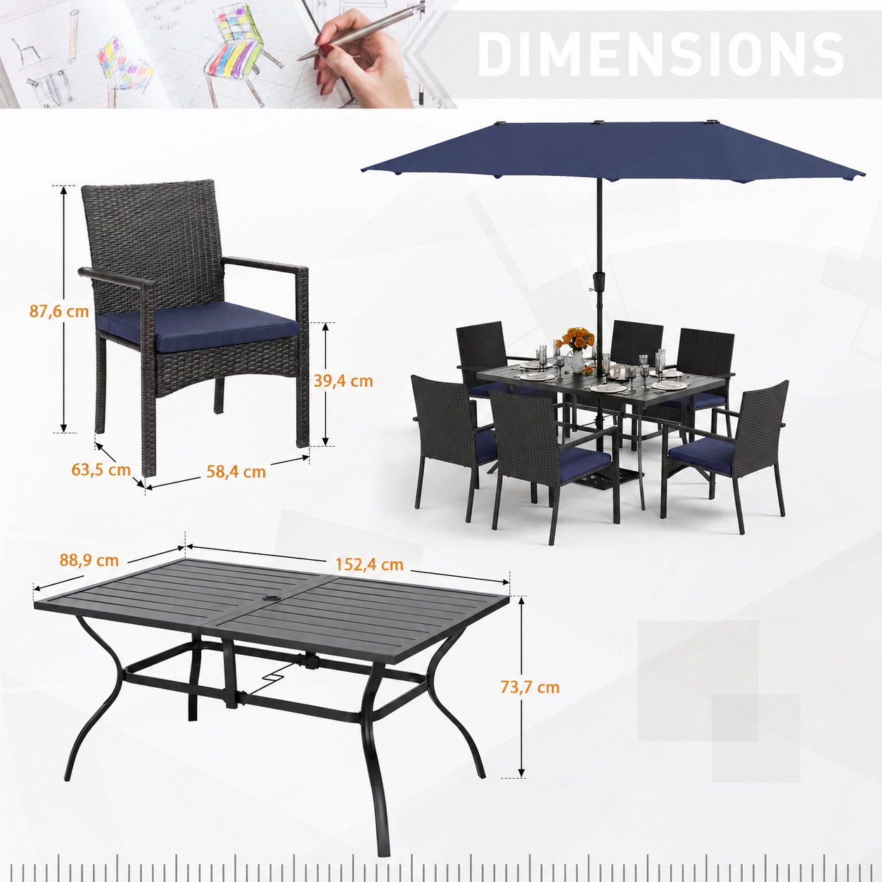Monza – Ensemble de Jardin 6 Places avec Table Rectangulaire