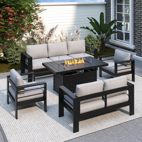 Salon de Jardin 5 places Branthea avec Coussins et Table Brasero 140 cm