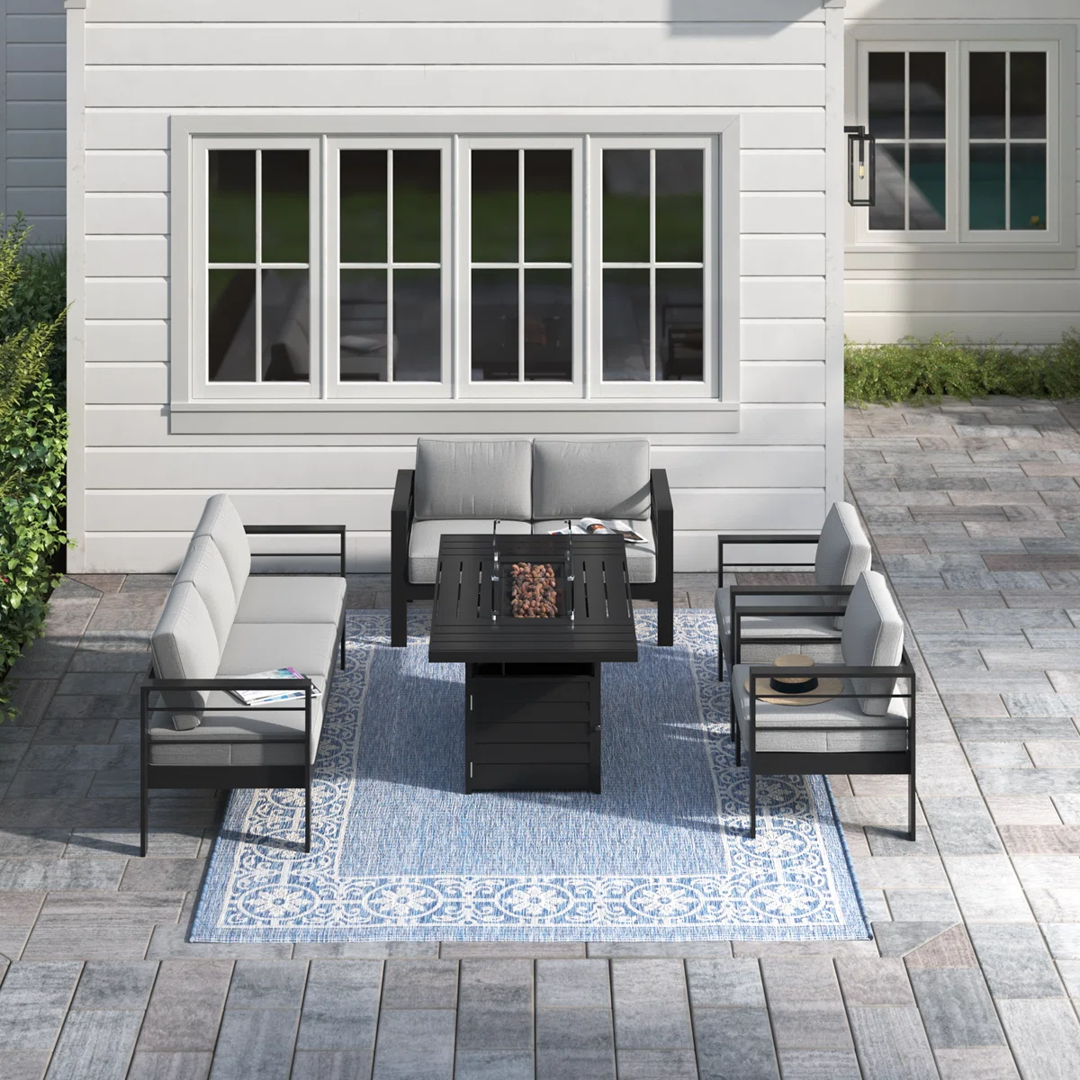 Salon de Jardin 5 places Branthea avec Coussins et Table Brasero 140 cm