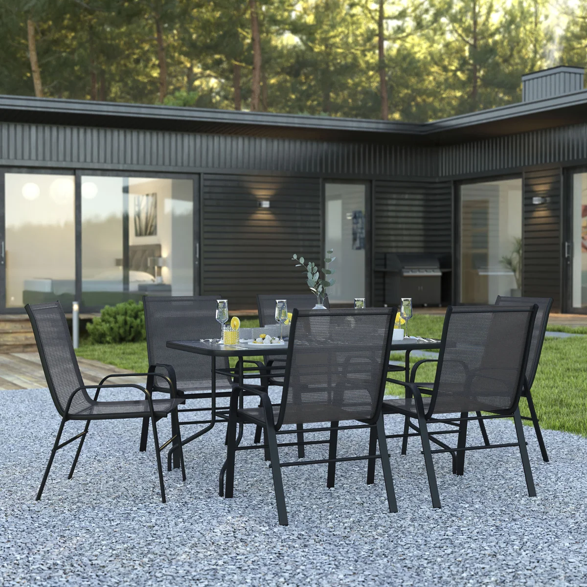 Milo – Ensemble Repas de Jardin 7 Pièces avec Table en Verre