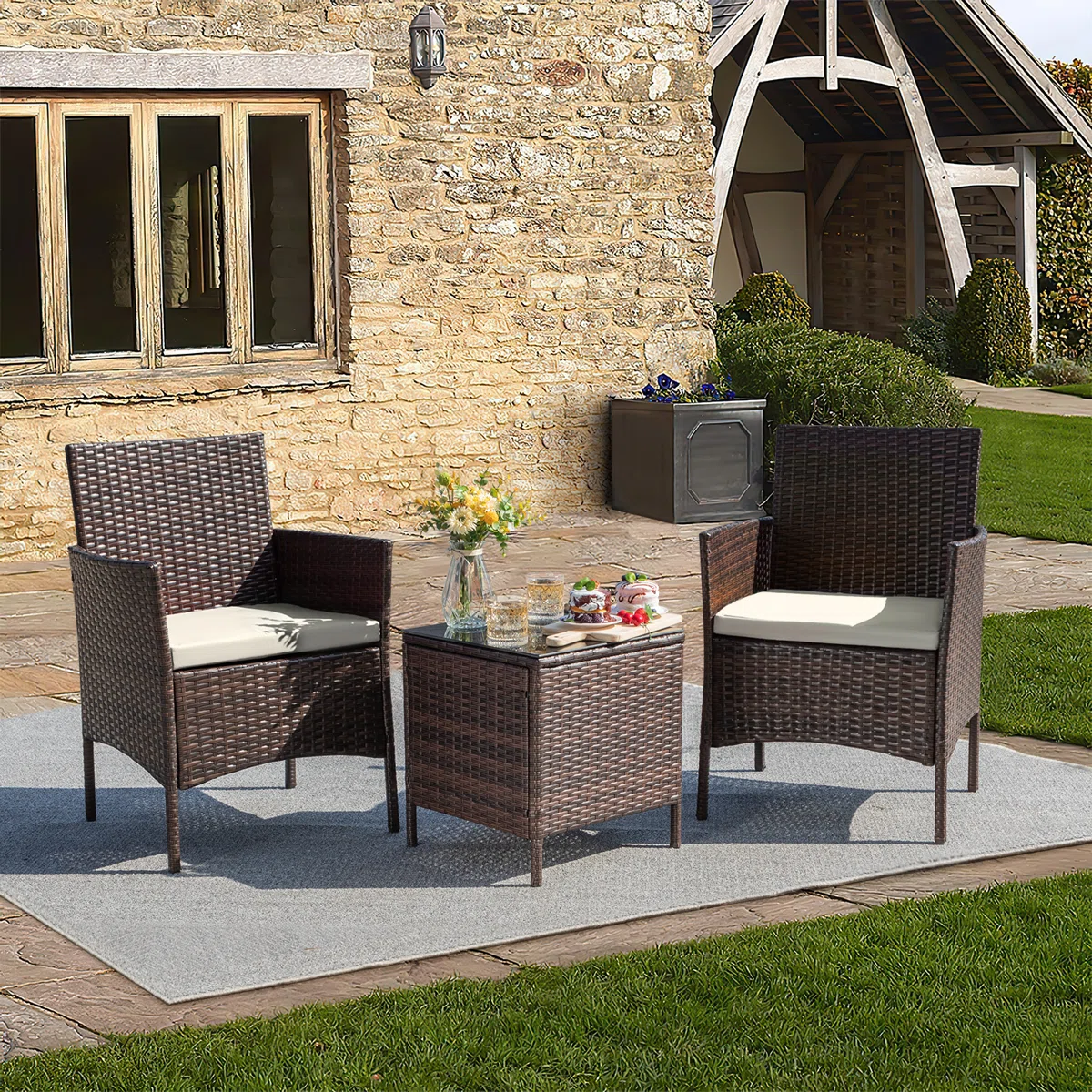 Jagora – Salon de Jardin 3 Pièces en Rotin avec Coussins pour Extérieur Moderne