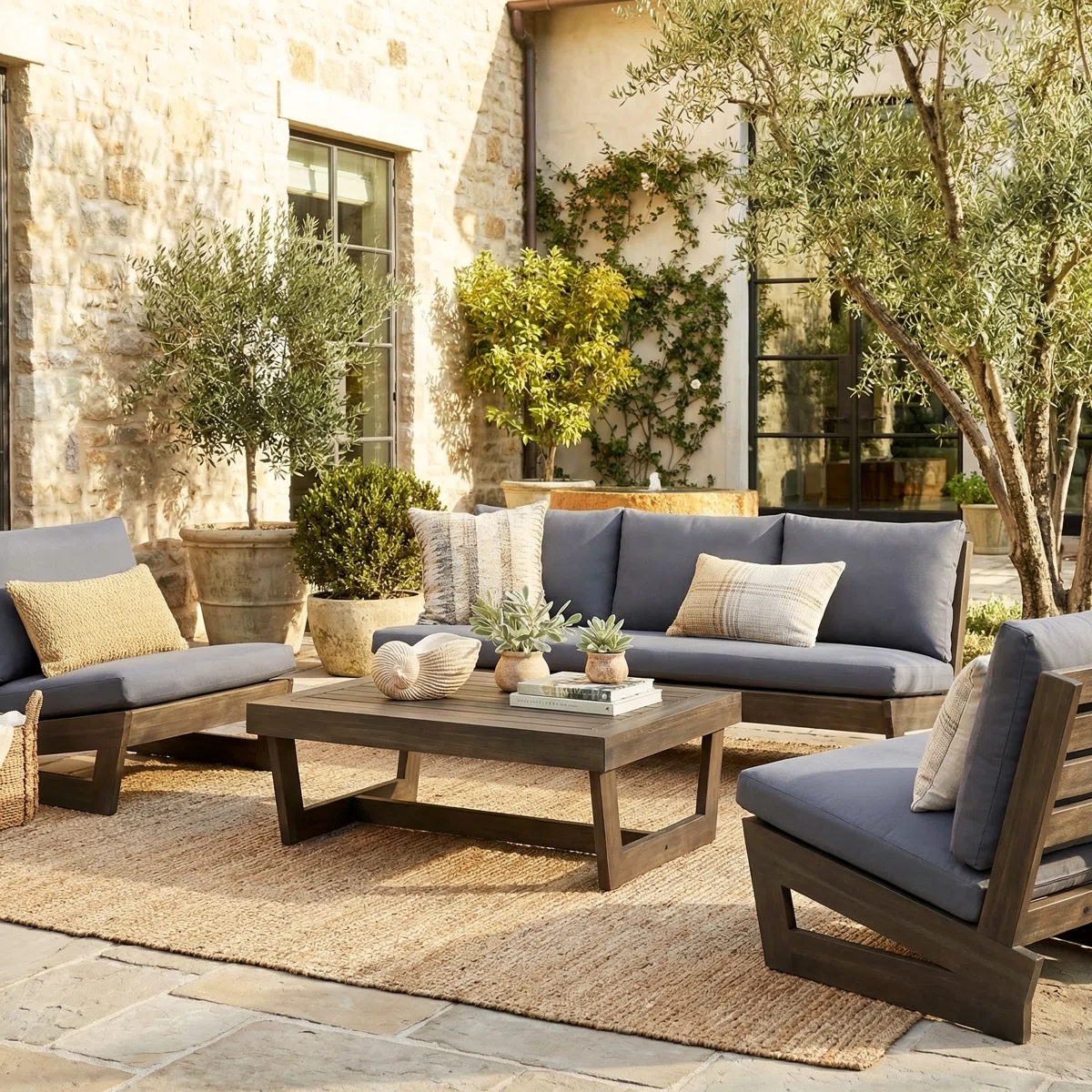 Salon de jardin moderne Louise en bois d’acacia avec coussins