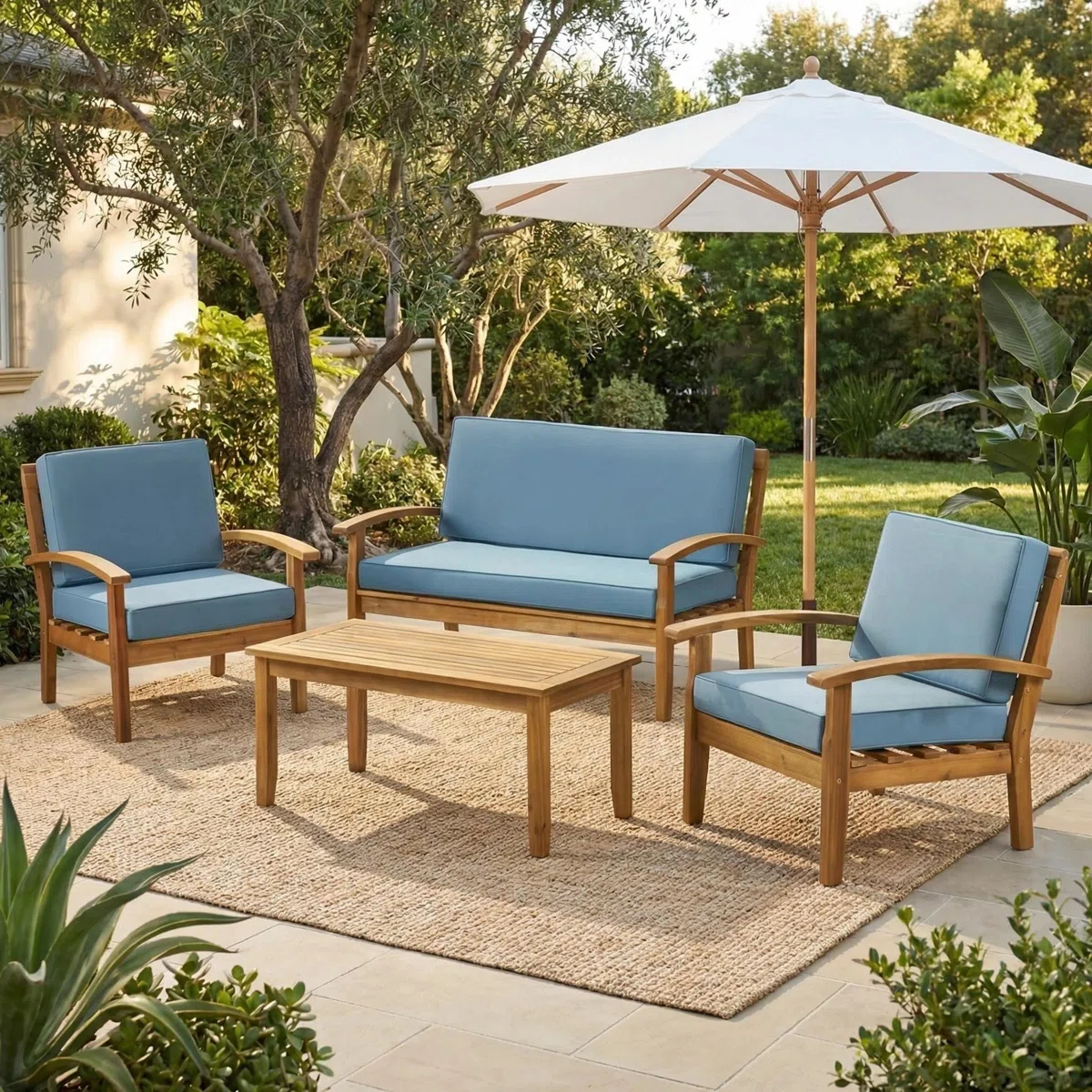 Shynela – Salon de Jardin 4 Places en Acacia avec Coussins Confort Élégance Naturelle