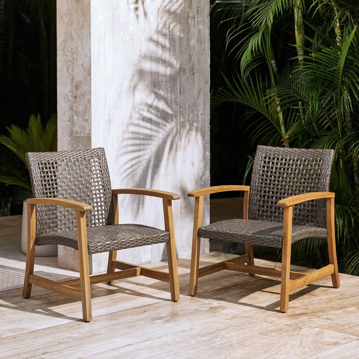 Wellara – Lot de 2 Fauteuils de Jardin en Bois et Rotin PE avec Confort Élégant pour Extérieur
