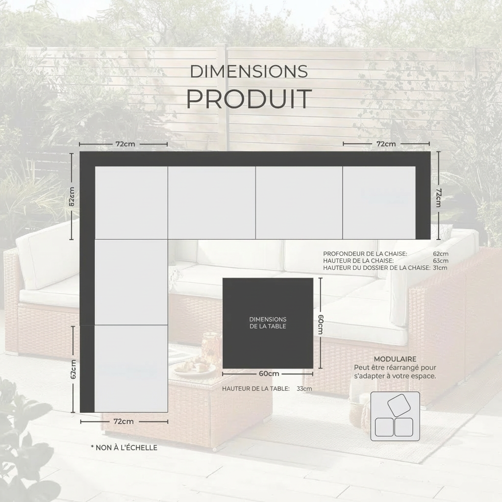 Calidora – Salon de Jardin Modulable en Rotin PE avec Table pour Extérieurs Modernes (Housse Incluse)