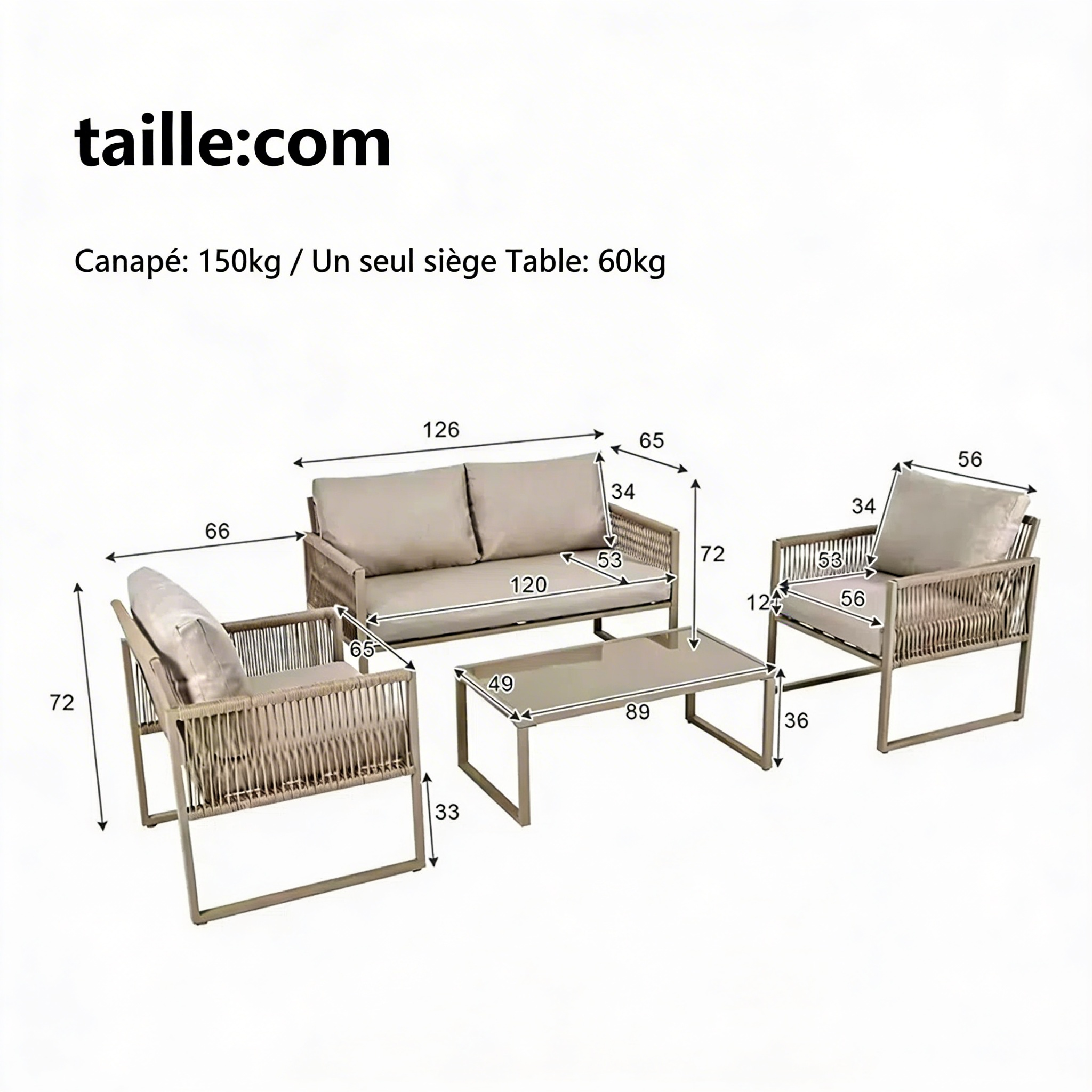 Solenza – Salon de Jardin Lounge 4 Places Kaki avec Table Basse en Verre pour Extérieur Élégant